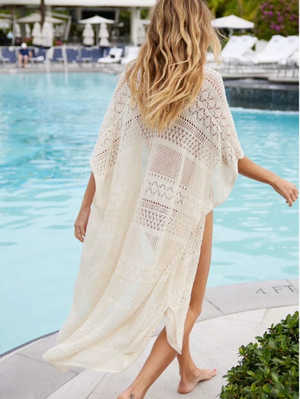 Aerie - Textured Maxi Crochet Open Front Cream Knit Cape Cover Up - One Size